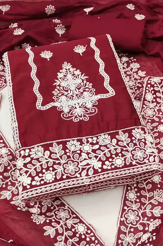 maroon cotton blend embroidered unstitched dressmaterials 3 pair top bottom dupptaa