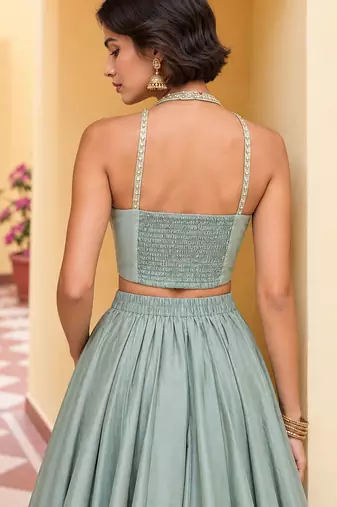 Powder Blue Soft Roman Silk Beautiful Plain Lehenga With Pocket & Embroidery Sequins Work Choli Readymade Lehenga Choli