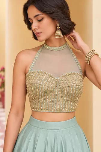 Powder Blue Soft Roman Silk Beautiful Plain Lehenga With Pocket & Embroidery Sequins Work Choli Readymade Lehenga Choli