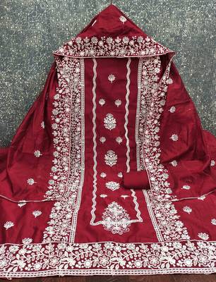 maroon cotton blend embroidered unstitched dressmaterials 3 pair top bottom dupptaa 3