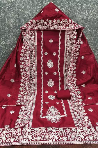 maroon cotton blend embroidered unstitched dressmaterials 3 pair top bottom dupptaa