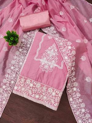 pink cotton blend embroidered unstitched dressmaterials 3 pair top bottom dupptaa 1
