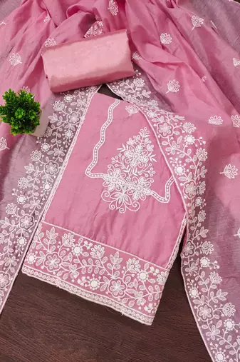 pink cotton blend embroidered unstitched dressmaterials 3 pair top bottom dupptaa