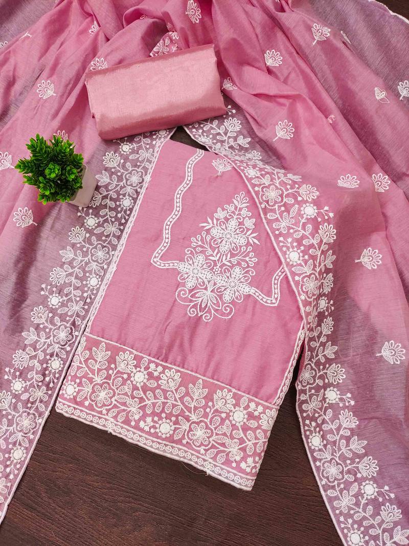 pink cotton blend embroidered unstitched dressmaterials 3 pair top bottom dupptaa