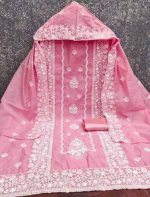 pink cotton blend embroidered unstitched dressmaterials 3 pair top bottom dupptaa 2