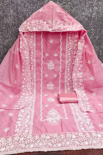 pink cotton blend embroidered unstitched dressmaterials 3 pair top bottom dupptaa