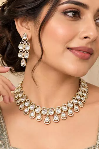 Indian Kundan Bridal Necklace Set, Gold Tone Pearl Earrings, Traditional Wedding Jewelry