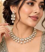Indian Kundan Bridal Necklace Set, Gold Tone Pearl Earrings, Traditional Wedding Jewelry
