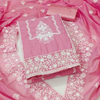 pink cotton blend embroidered unstitched dressmaterials 3 pair top bottom dupptaa 3