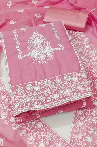 pink cotton blend embroidered unstitched dressmaterials 3 pair top bottom dupptaa