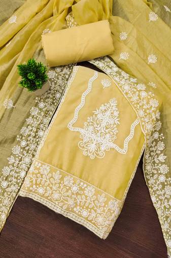 yellow cotton blend embroidered unstitched dressmaterials 3 pair top bottom dupptaa