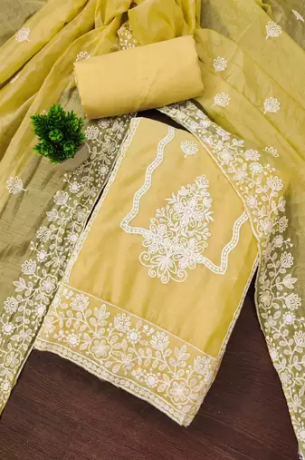 yellow cotton blend embroidered unstitched dressmaterials 3 pair top bottom dupptaa