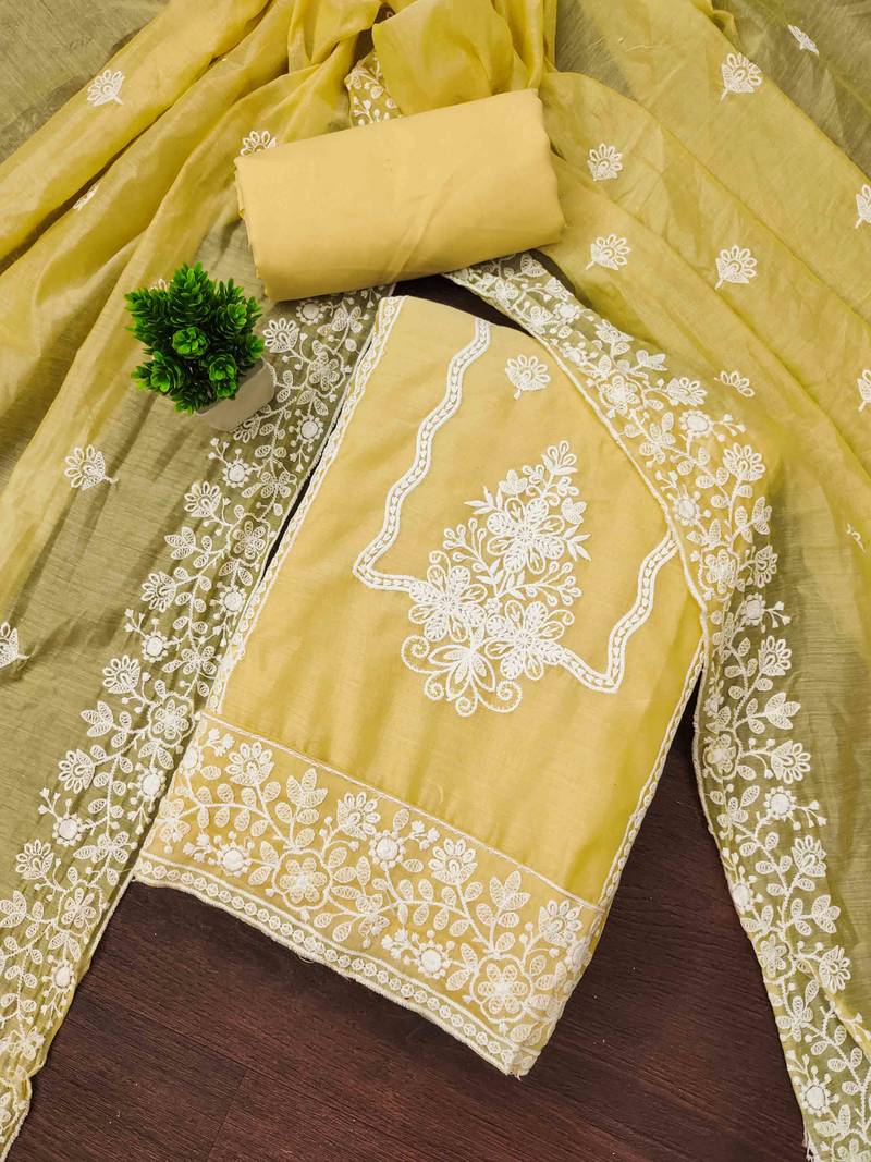 yellow cotton blend embroidered unstitched dressmaterials 3 pair top bottom dupptaa