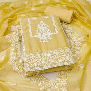 yellow cotton blend embroidered unstitched dressmaterials 3 pair top bottom dupptaa 2