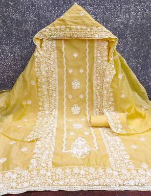 yellow cotton blend embroidered unstitched dressmaterials 3 pair top bottom dupptaa 3