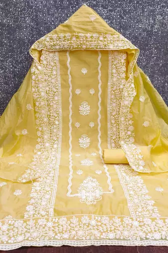 yellow cotton blend embroidered unstitched dressmaterials 3 pair top bottom dupptaa
