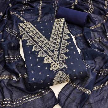 blue chanderi embroidered unstitched dress materials 3 pair top bottom dupatta 1