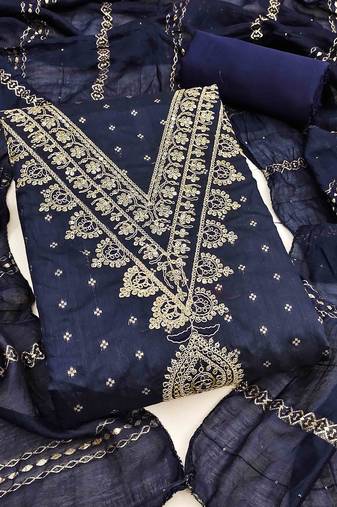 blue chanderi embroidered unstitched dress materials 3 pair top bottom dupatta
