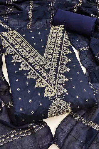 blue chanderi embroidered unstitched dress materials 3 pair top bottom dupatta