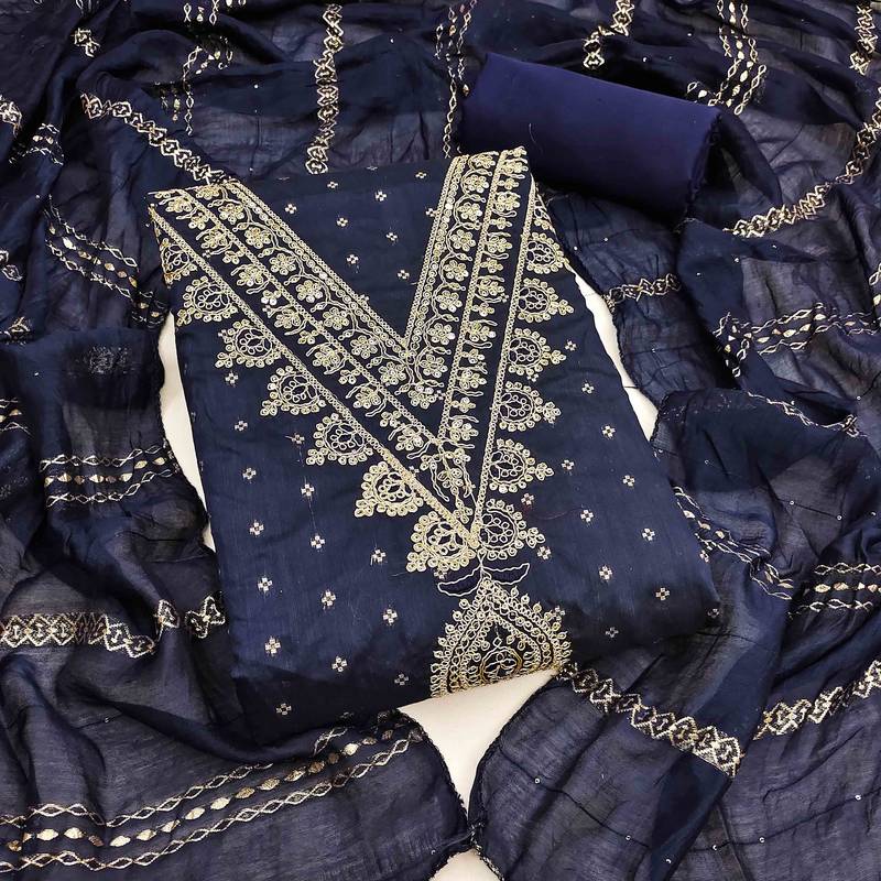 blue chanderi embroidered unstitched dress materials 3 pair top bottom dupatta