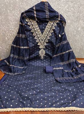 blue chanderi embroidered unstitched dress materials 3 pair top bottom dupatta 2