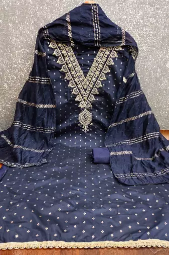 blue chanderi embroidered unstitched dress materials 3 pair top bottom dupatta
