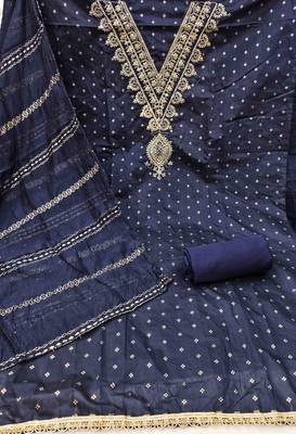 blue chanderi embroidered unstitched dress materials 3 pair top bottom dupatta 3