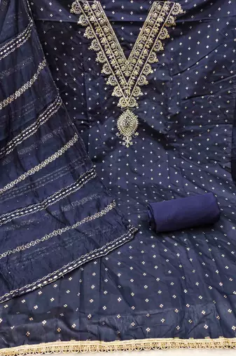 blue chanderi embroidered unstitched dress materials 3 pair top bottom dupatta