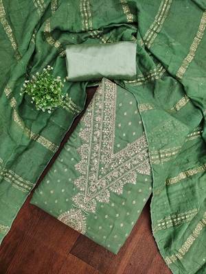 green chanderi embroidered unstitched dress materials 3 pair top bottom dupatta 1