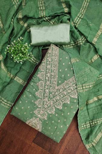 green chanderi embroidered unstitched dress materials 3 pair top bottom dupatta
