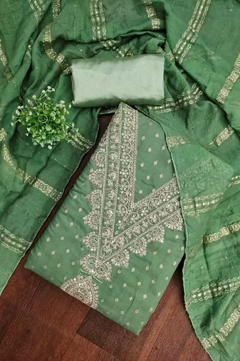 green chanderi embroidered unstitched dress materials 3 pair top bottom dupatta