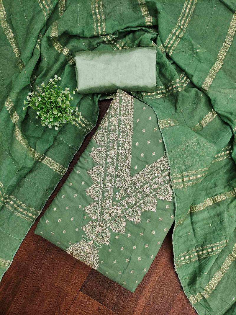 green chanderi embroidered unstitched dress materials 3 pair top bottom dupatta