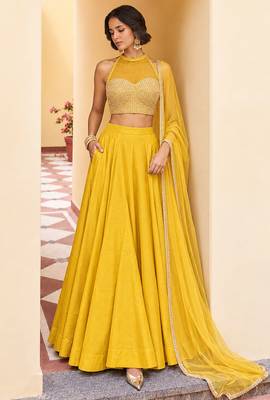 Yellow Soft Roman Silk Beautiful Plain Lehenga With Pocket & Embroidery Sequins Work Choli Readymade Lehenga Choli 1