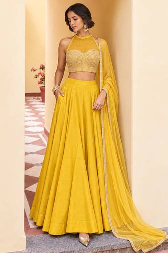 Yellow Soft Roman Silk Beautiful Plain Lehenga With Pocket & Embroidery Sequins Work Choli Readymade Lehenga Choli