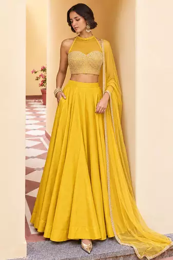 Yellow Soft Roman Silk Beautiful Plain Lehenga With Pocket & Embroidery Sequins Work Choli Readymade Lehenga Choli