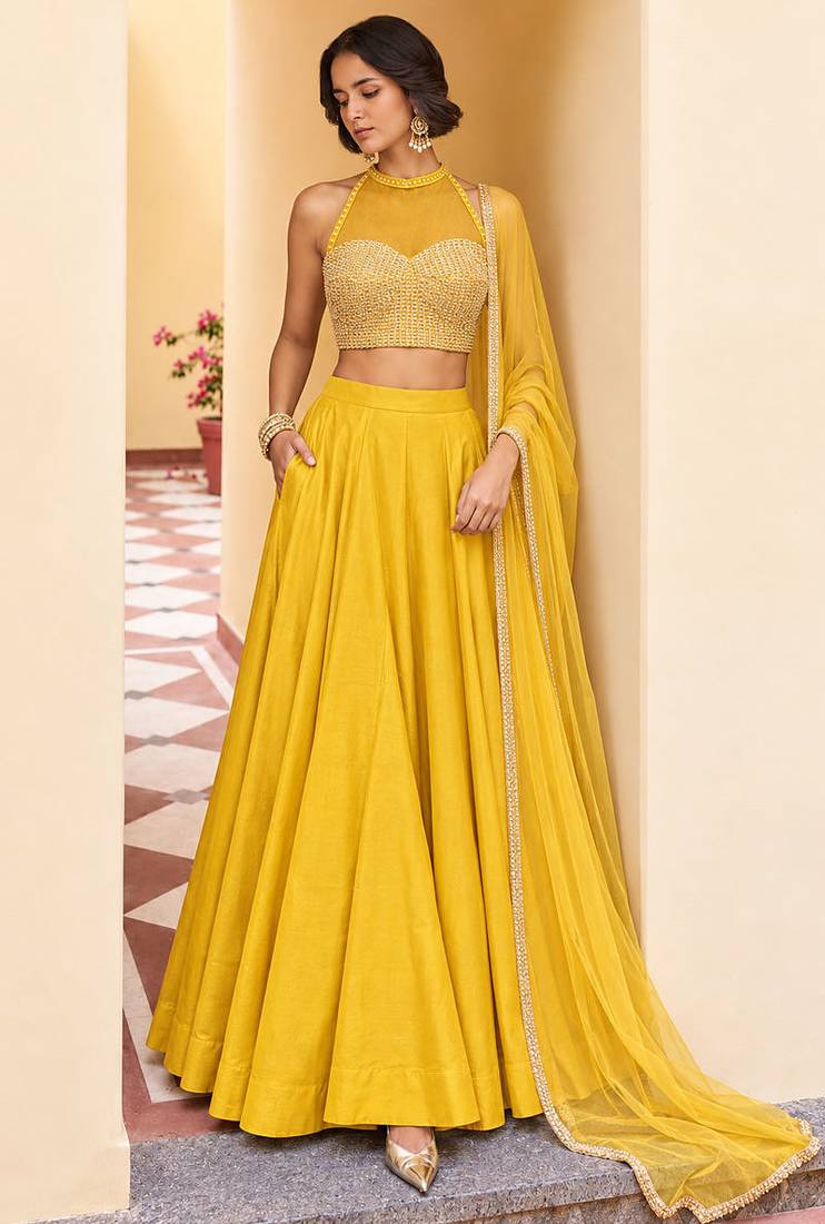 Yellow Soft Roman Silk Beautiful Plain Lehenga With Pocket & Embroidery Sequins Work Choli Readymade Lehenga Choli