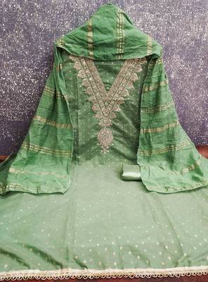 green chanderi embroidered unstitched dress materials 3 pair top bottom dupatta 2
