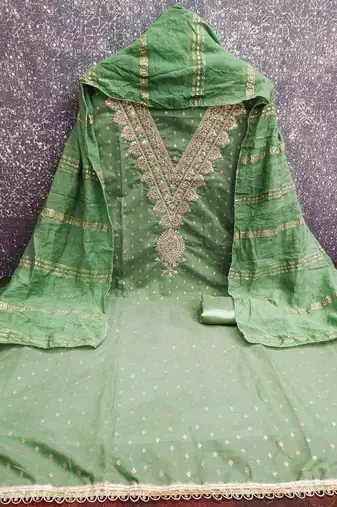 green chanderi embroidered unstitched dress materials 3 pair top bottom dupatta