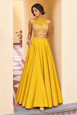 Yellow Soft Roman Silk Beautiful Plain Lehenga With Pocket & Embroidery Sequins Work Choli Readymade Lehenga Choli 2