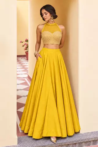 Yellow Soft Roman Silk Beautiful Plain Lehenga With Pocket & Embroidery Sequins Work Choli Readymade Lehenga Choli