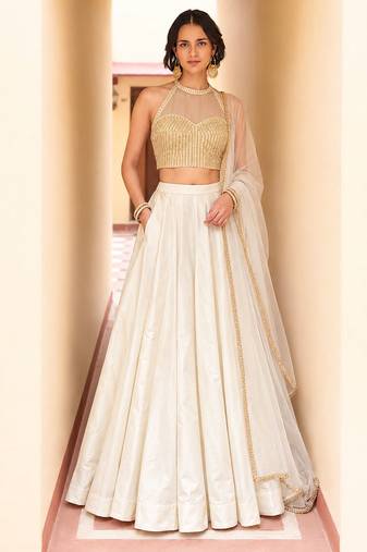Ivory Soft Roman Silk Beautiful Plain Lehenga With Pocket & Embroidery Sequins Work Choli Readymade Lehenga Choli