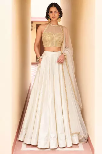 Ivory Soft Roman Silk Beautiful Plain Lehenga With Pocket & Embroidery Sequins Work Choli Readymade Lehenga Choli