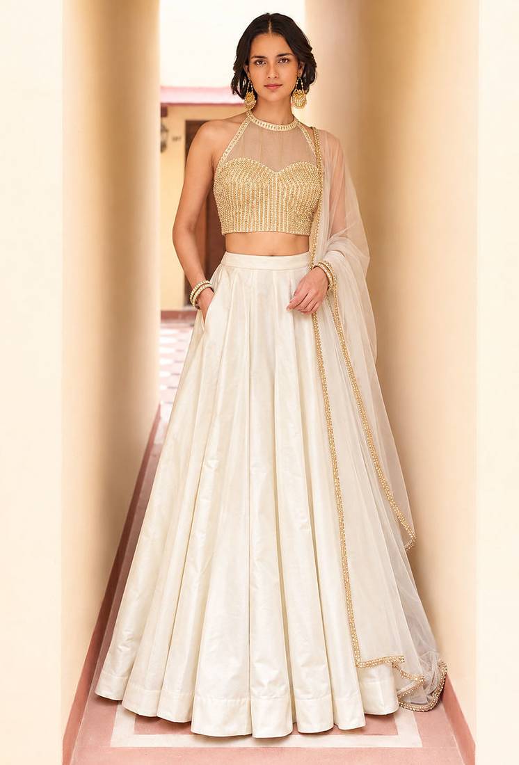 Ivory Soft Roman Silk Beautiful Plain Lehenga With Pocket & Embroidery Sequins Work Choli Readymade Lehenga Choli