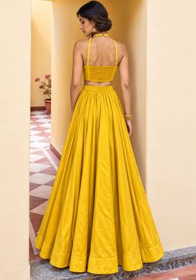 Yellow Soft Roman Silk Beautiful Plain Lehenga With Pocket & Embroidery Sequins Work Choli Readymade Lehenga Choli 3