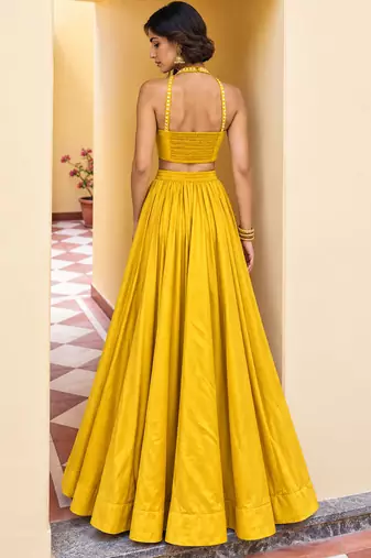 Yellow Soft Roman Silk Beautiful Plain Lehenga With Pocket & Embroidery Sequins Work Choli Readymade Lehenga Choli