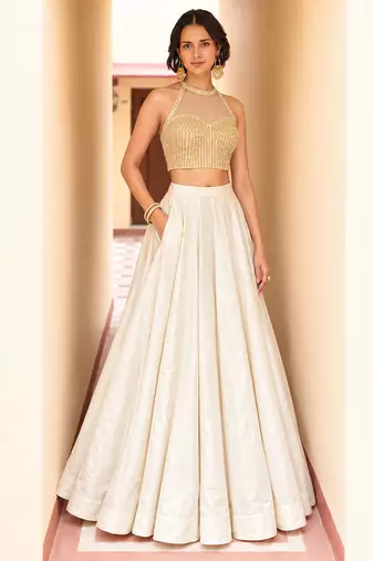 Ivory Soft Roman Silk Beautiful Plain Lehenga With Pocket & Embroidery Sequins Work Choli Readymade Lehenga Choli