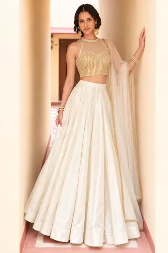 Ivory Soft Roman Silk Beautiful Plain Lehenga With Pocket & Embroidery Sequins Work Choli Readymade Lehenga Choli