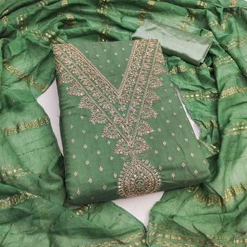 green chanderi embroidered unstitched dress materials 3 pair top bottom dupatta 3