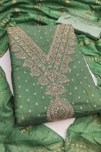 green chanderi embroidered unstitched dress materials 3 pair top bottom dupatta