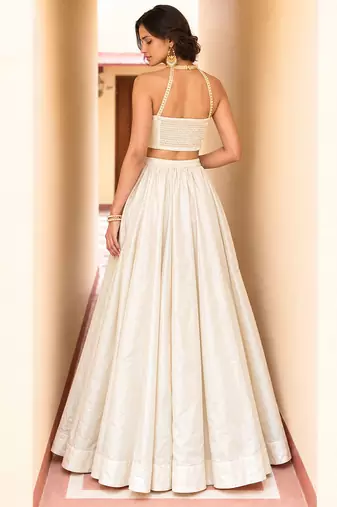 Ivory Soft Roman Silk Beautiful Plain Lehenga With Pocket & Embroidery Sequins Work Choli Readymade Lehenga Choli